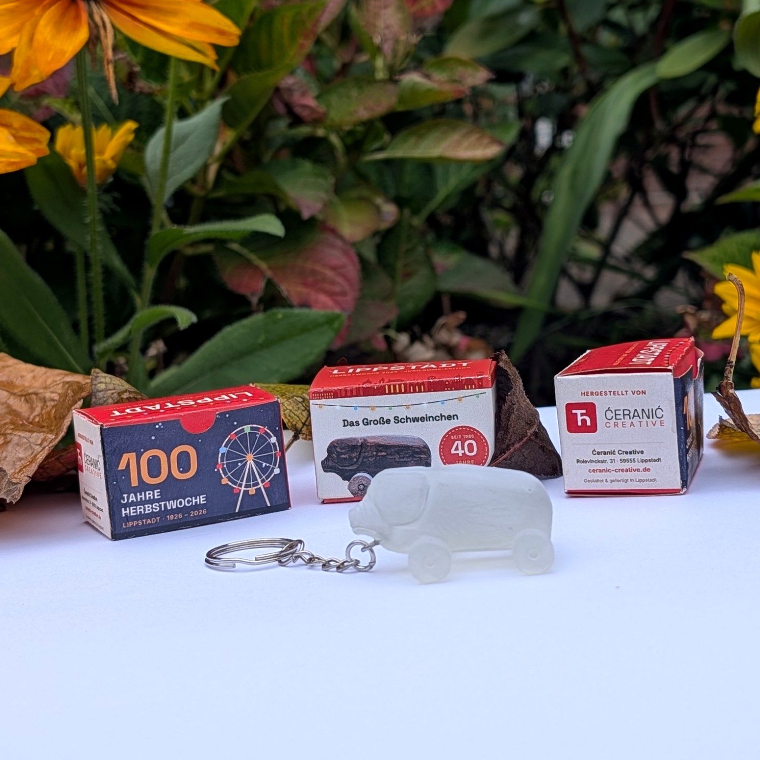 Das Große Schweinchen – Lippstädter Jubiläums-Souvenir aus durchscheinendem Resin mit Schlüsselring, mit den Jubiläums-Faltschachteln